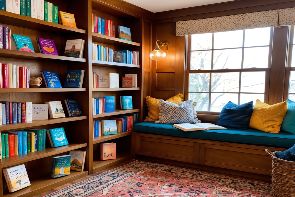 Espacio de lectura con estanterías llenas de libros, un asiento junto a la ventana decorado con cojines y una lámpara de pared, creando un ambiente acogedor y luminoso ideal para disfrutar de la lectura en casa.
